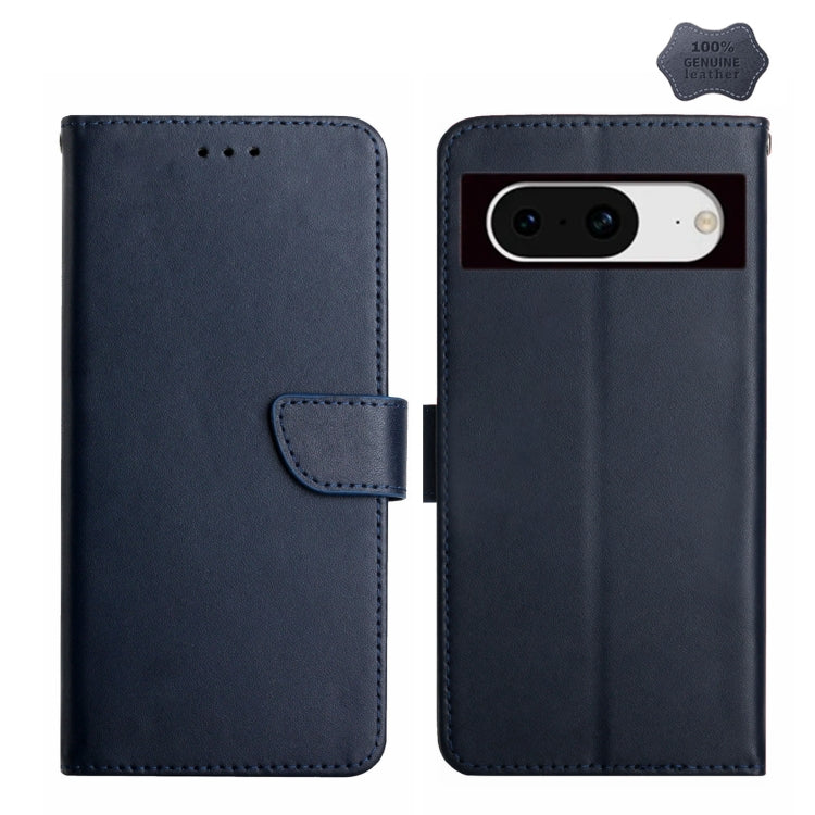 For Google Pixel 8 HT02 Genuine Leather Fingerprint-proof Flip Phone Case(Blue) - Google Cases by buy2fix | Online Shopping UK | buy2fix