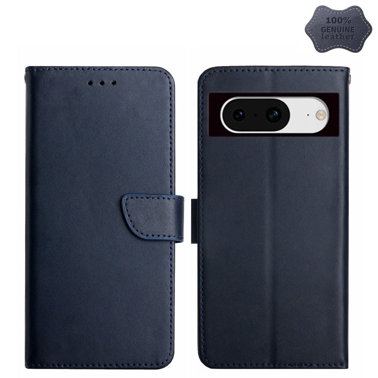 For Google Pixel 8a HT02 Genuine Leather Fingerprint-proof Flip Phone Case(Blue) - Google Cases by buy2fix | Online Shopping UK | buy2fix