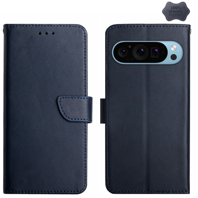 For Google Pixel 9 Pro HT02 Genuine Leather Fingerprint-proof Flip Phone Case(Blue) by buy2fix