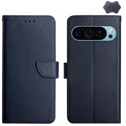 For Google Pixel 9 Pro HT02 Genuine Leather Fingerprint-proof Flip Phone Case(Blue) by buy2fix