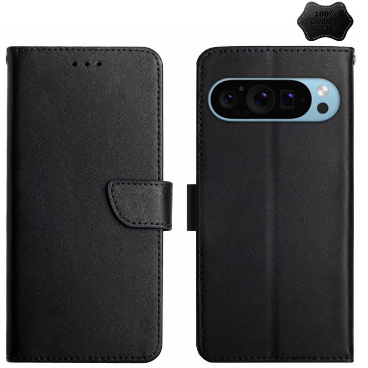 For Google Pixel 9 HT02 Genuine Leather Fingerprint-proof Flip Phone Case(Black) by buy2fix