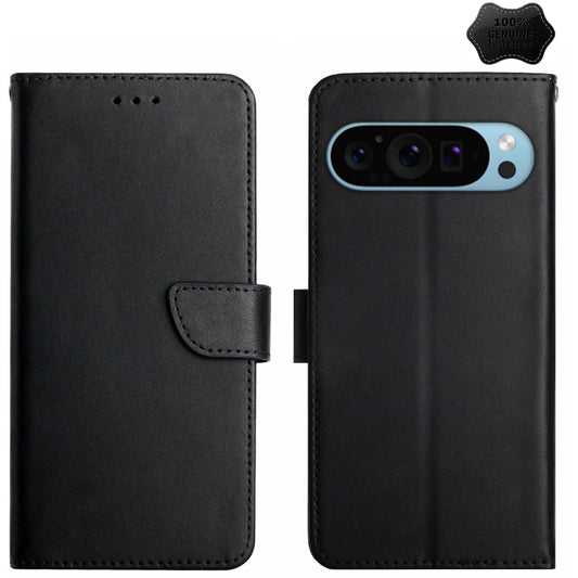 For Google Pixel 9 HT02 Genuine Leather Fingerprint-proof Flip Phone Case(Black) by buy2fix