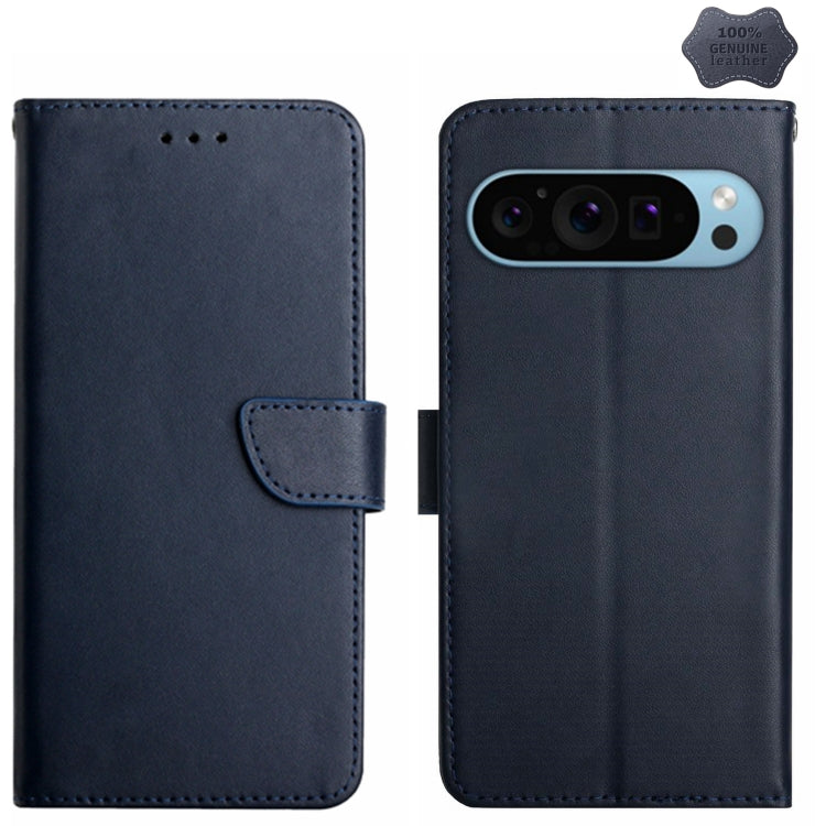 For Google Pixel 9 HT02 Genuine Leather Fingerprint-proof Flip Phone Case(Blue) by buy2fix