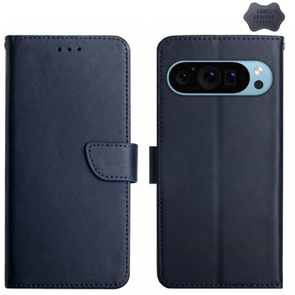 For Google Pixel 9 HT02 Genuine Leather Fingerprint-proof Flip Phone Case(Blue) by buy2fix