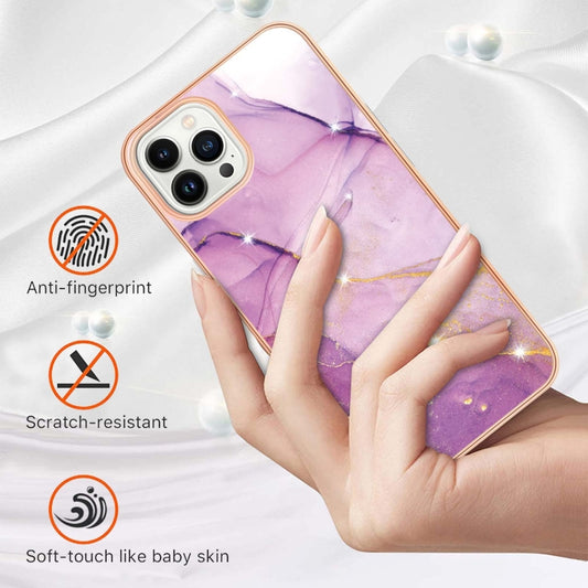 For iPhone 16 Pro Max Electroplating Marble Pattern Dual-side IMD TPU Shockproof Phone Case (Purple 001) by buy2fix
