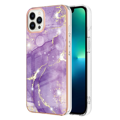 For iPhone 16 Pro Max Electroplating Marble Pattern Dual-side IMD TPU Shockproof Phone Case (Purple 002) by buy2fix