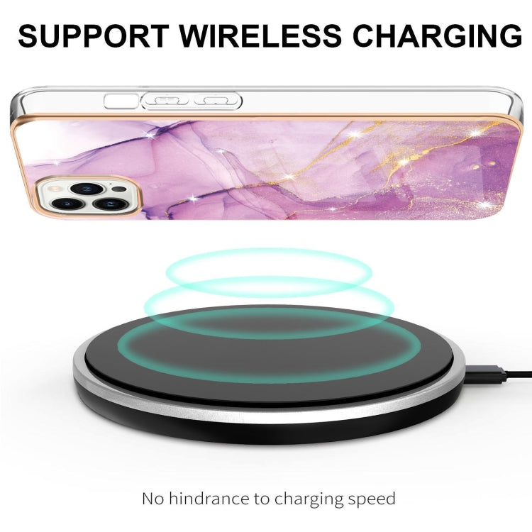 For iPhone 16 Pro Electroplating Marble Pattern Dual-side IMD TPU Shockproof Phone Case (Purple 001) by buy2fix