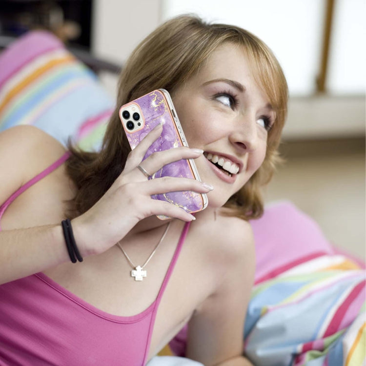 For iPhone 16 Pro Electroplating Marble Pattern Dual-side IMD TPU Shockproof Phone Case (Purple 002) by buy2fix