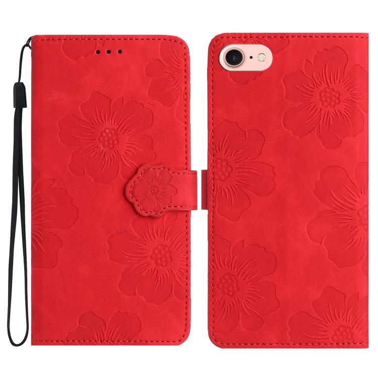 For iPhone 16e Flower Embossing Pattern Leather Phone Case(Red) - iPhone 16e Cases by buy2fix | Online Shopping UK | buy2fix
