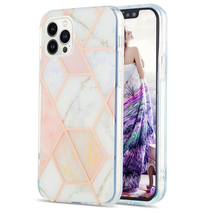 For iPhone 16 Pro Max Electroplating Splicing Marble Flower Pattern Dual-side IMD TPU Shockproof Phone Case(Pink White) by buy2fix