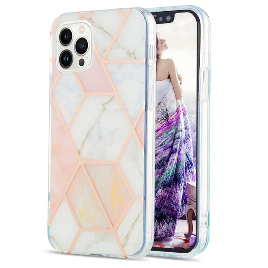 For iPhone 16 Pro Electroplating Splicing Marble Flower Pattern Dual-side IMD TPU Shockproof Phone Case(Pink White) by buy2fix