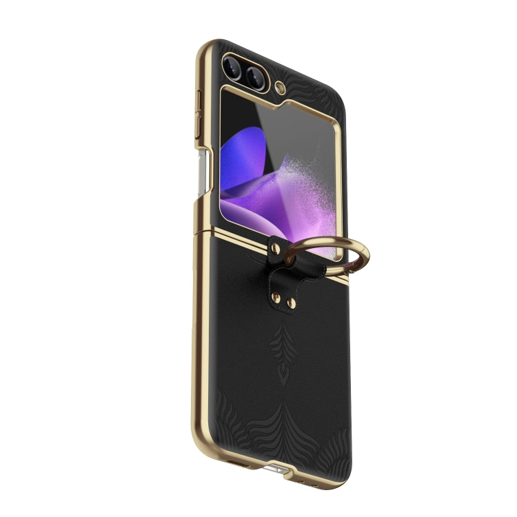 For Samsung Galaxy Z Flip5 Electroplated Embossed Leather Phone Case with Ring(Black) - Galaxy Z Flip5 Cases by buy2fix | Online Shopping UK | buy2fix