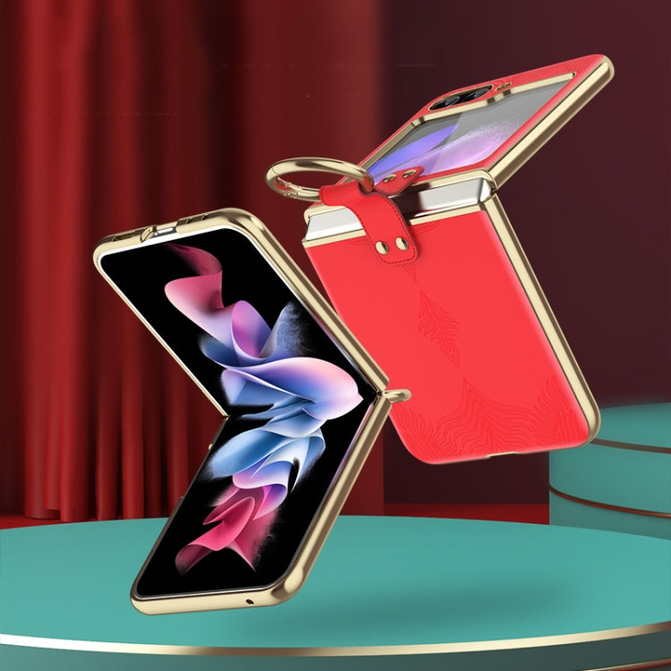 For Samsung Galaxy Z Flip5 Electroplated Embossed Leather Phone Case with Ring(Black) - Galaxy Z Flip5 Cases by buy2fix | Online Shopping UK | buy2fix