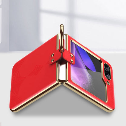 For Samsung Galaxy Z Flip5 Electroplated Embossed Leather Phone Case with Ring(Black) - Galaxy Z Flip5 Cases by buy2fix | Online Shopping UK | buy2fix