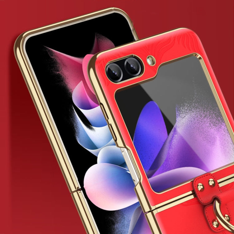 For Samsung Galaxy Z Flip5 Electroplated Embossed Leather Phone Case with Ring(Pink) - Galaxy Z Flip5 Cases by buy2fix | Online Shopping UK | buy2fix