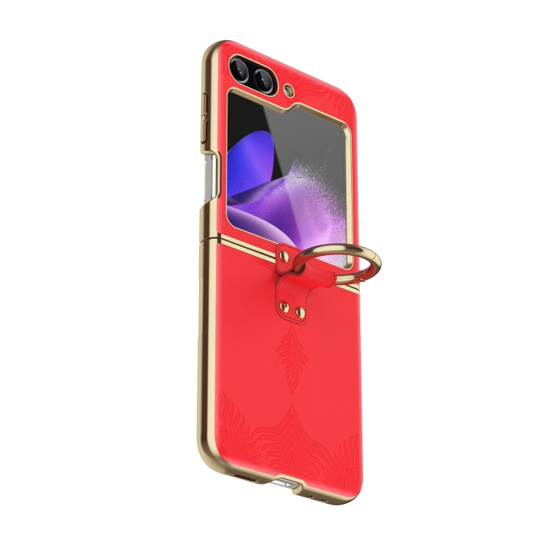 For Samsung Galaxy Z Flip5 Electroplated Embossed Leather Phone Case with Ring(Red) - Galaxy Z Flip5 Cases by buy2fix | Online Shopping UK | buy2fix