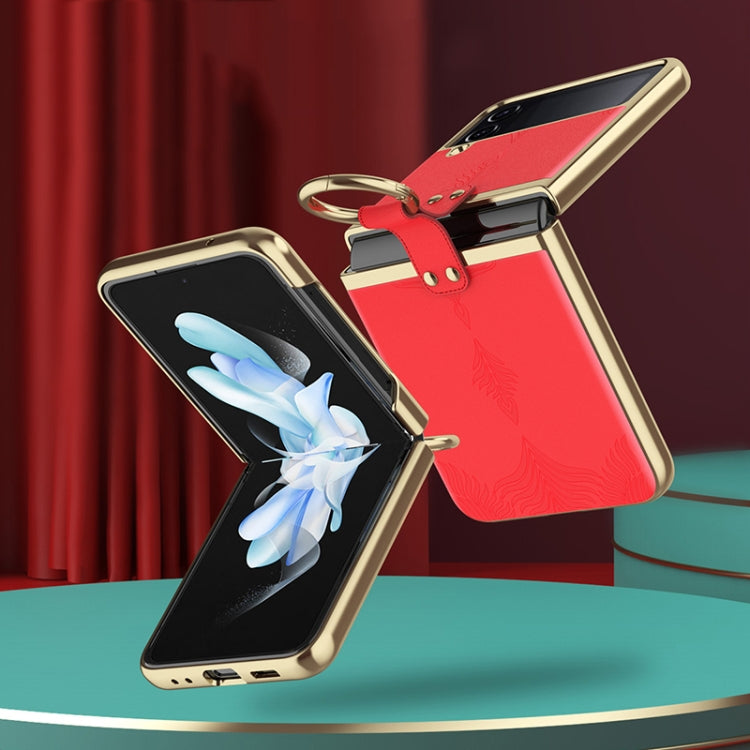 For Samsung Galaxy Z Flip4 Electroplated Embossed Leather Phone Case with Ring(Black) - Galaxy Z Flip4 5G Cases by buy2fix | Online Shopping UK | buy2fix