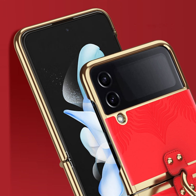 For Samsung Galaxy Z Flip4 Electroplated Embossed Leather Phone Case with Ring(Gold) - Galaxy Z Flip4 5G Cases by buy2fix | Online Shopping UK | buy2fix