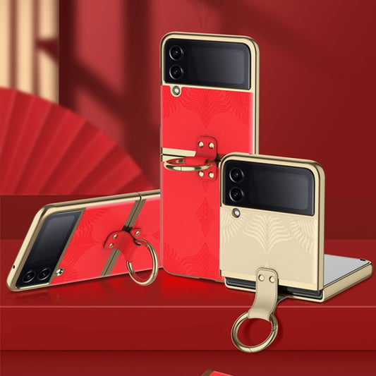 For Samsung Galaxy Z Flip4 Electroplated Embossed Leather Phone Case with Ring(Red) - Galaxy Z Flip4 5G Cases by buy2fix | Online Shopping UK | buy2fix
