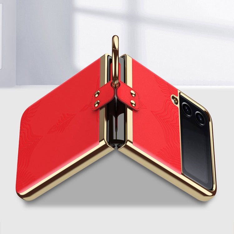 For Samsung Galaxy Z Flip4 Electroplated Embossed Leather Phone Case with Ring(Red) - Galaxy Z Flip4 5G Cases by buy2fix | Online Shopping UK | buy2fix