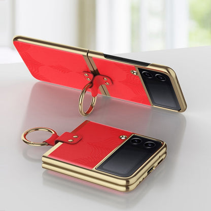 For Samsung Galaxy Z Flip4 Electroplated Embossed Leather Phone Case with Ring(Red) - Galaxy Z Flip4 5G Cases by buy2fix | Online Shopping UK | buy2fix