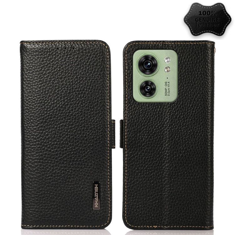 For Motorola Edge 40 KHAZNEH Side-Magnetic Litchi Genuine Leather RFID Phone Case(Black) - Motorola Cases by buy2fix | Online Shopping UK | buy2fix