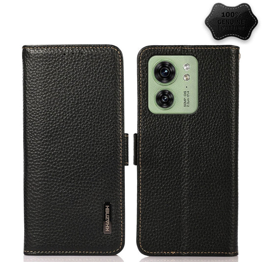 For Motorola Edge 40 KHAZNEH Side-Magnetic Litchi Genuine Leather RFID Phone Case(Black) - Motorola Cases by buy2fix | Online Shopping UK | buy2fix