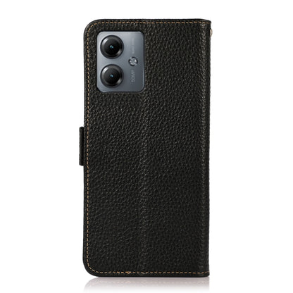 For Motorola Moto G14 4G KHAZNEH Side-Magnetic Litchi Genuine Leather RFID Phone Case(Black) - Motorola Cases by buy2fix | Online Shopping UK | buy2fix