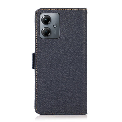 For Motorola Moto G14 4G KHAZNEH Side-Magnetic Litchi Genuine Leather RFID Phone Case(Blue) - Motorola Cases by buy2fix | Online Shopping UK | buy2fix