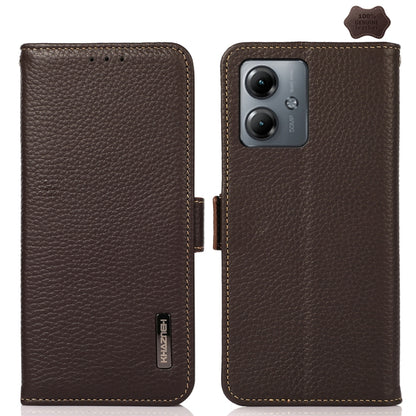 For Motorola Moto G14 4G KHAZNEH Side-Magnetic Litchi Genuine Leather RFID Phone Case(Brown) - Motorola Cases by buy2fix | Online Shopping UK | buy2fix