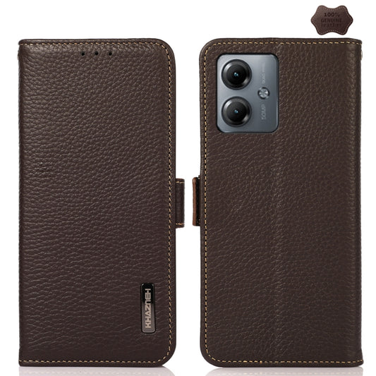 For Motorola Moto G14 4G KHAZNEH Side-Magnetic Litchi Genuine Leather RFID Phone Case(Brown) - Motorola Cases by buy2fix | Online Shopping UK | buy2fix
