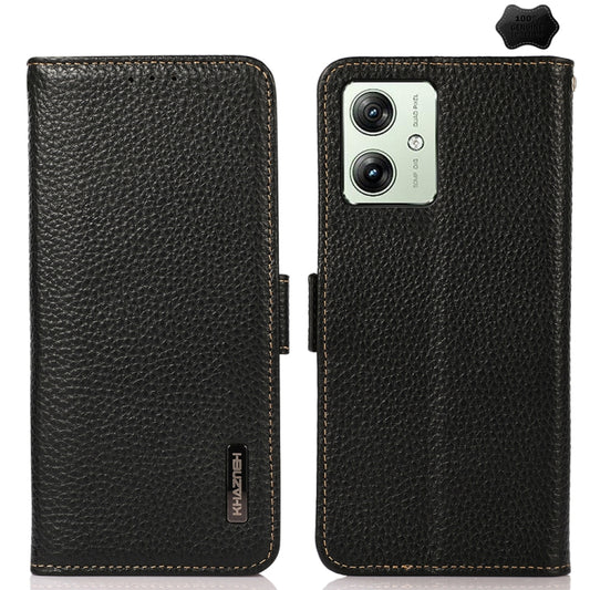 For Motorola Moto G54 5G KHAZNEH Side-Magnetic Litchi Genuine Leather RFID Phone Case(Black) - Motorola Cases by buy2fix | Online Shopping UK | buy2fix