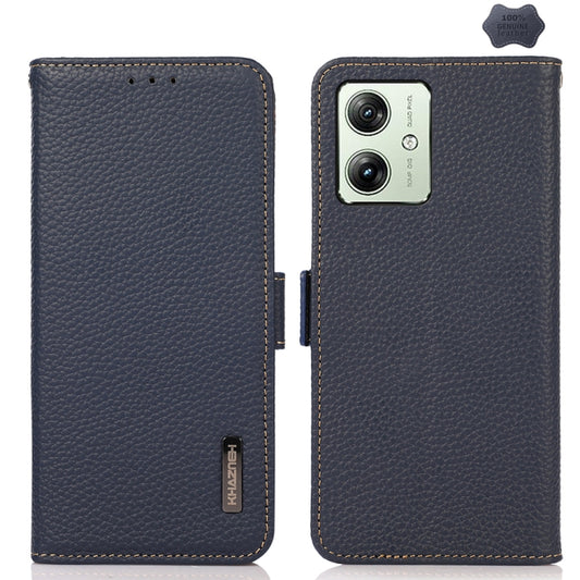 For Motorola Moto G54 5G KHAZNEH Side-Magnetic Litchi Genuine Leather RFID Phone Case(Blue) - Motorola Cases by buy2fix | Online Shopping UK | buy2fix
