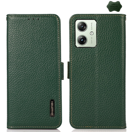 For Motorola Moto G54 5G KHAZNEH Side-Magnetic Litchi Genuine Leather RFID Phone Case(Green) - Motorola Cases by buy2fix | Online Shopping UK | buy2fix