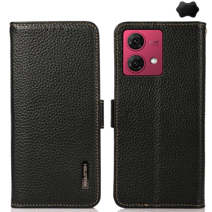 For Motorola Moto G84 5G KHAZNEH Side-Magnetic Litchi Genuine Leather RFID Phone Case(Black) - Motorola Cases by buy2fix | Online Shopping UK | buy2fix