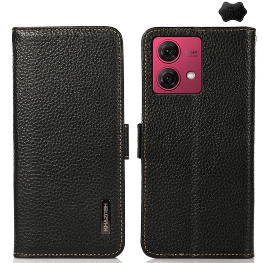 For Motorola Moto G84 5G KHAZNEH Side-Magnetic Litchi Genuine Leather RFID Phone Case(Black) - Motorola Cases by buy2fix | Online Shopping UK | buy2fix