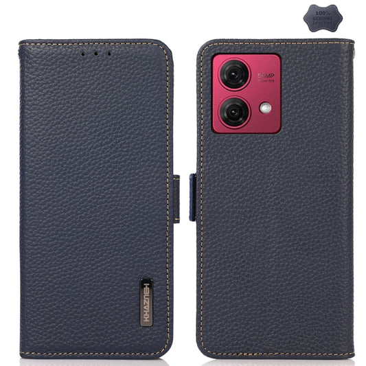 For Motorola Moto G84 5G KHAZNEH Side-Magnetic Litchi Genuine Leather RFID Phone Case(Blue) - Motorola Cases by buy2fix | Online Shopping UK | buy2fix