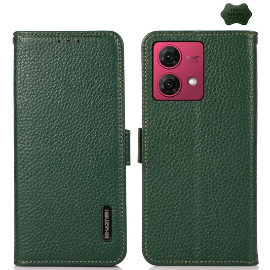 For Motorola Moto G84 5G KHAZNEH Side-Magnetic Litchi Genuine Leather RFID Phone Case(Green) - Motorola Cases by buy2fix | Online Shopping UK | buy2fix