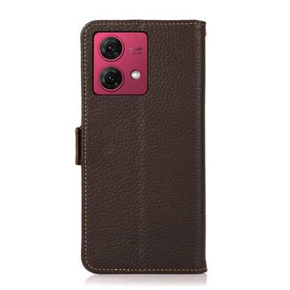 For Motorola Moto G84 5G KHAZNEH Side-Magnetic Litchi Genuine Leather RFID Phone Case(Brown) - Motorola Cases by buy2fix | Online Shopping UK | buy2fix
