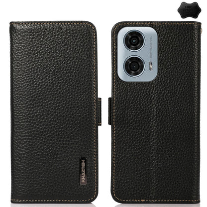 For Motorola Moto G24 KHAZNEH Side-Magnetic Litchi Genuine Leather RFID Phone Case(Black) - Motorola Cases by buy2fix | Online Shopping UK | buy2fix