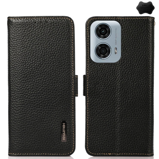 For Motorola Moto G24 KHAZNEH Side-Magnetic Litchi Genuine Leather RFID Phone Case(Black) - Motorola Cases by buy2fix | Online Shopping UK | buy2fix