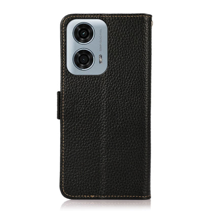 For Motorola Moto G24 KHAZNEH Side-Magnetic Litchi Genuine Leather RFID Phone Case(Black) - Motorola Cases by buy2fix | Online Shopping UK | buy2fix