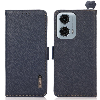 For Motorola Moto G24 KHAZNEH Side-Magnetic Litchi Genuine Leather RFID Phone Case(Blue) - Motorola Cases by buy2fix | Online Shopping UK | buy2fix