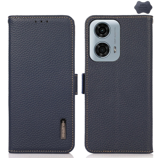 For Motorola Moto G24 KHAZNEH Side-Magnetic Litchi Genuine Leather RFID Phone Case(Blue) - Motorola Cases by buy2fix | Online Shopping UK | buy2fix