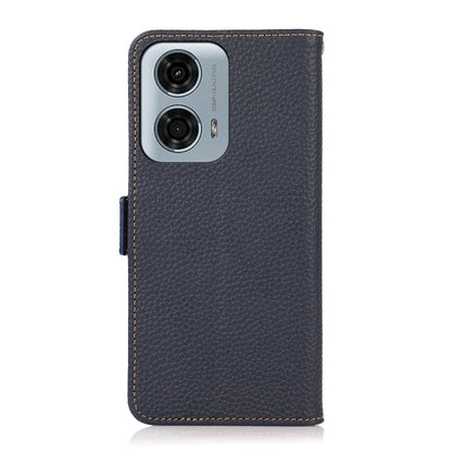 For Motorola Moto G24 KHAZNEH Side-Magnetic Litchi Genuine Leather RFID Phone Case(Blue) - Motorola Cases by buy2fix | Online Shopping UK | buy2fix