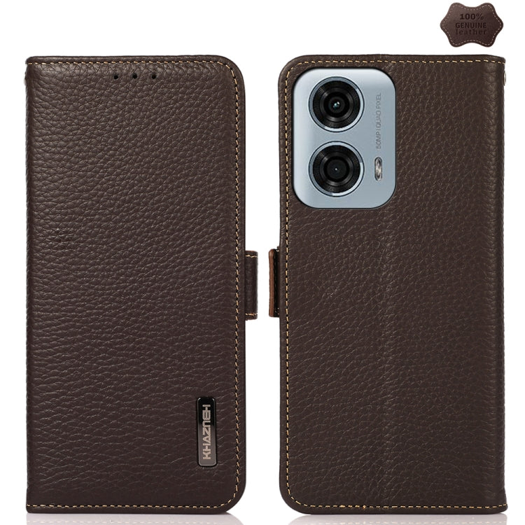For Motorola Moto G24 KHAZNEH Side-Magnetic Litchi Genuine Leather RFID Phone Case(Brown) - Motorola Cases by buy2fix | Online Shopping UK | buy2fix