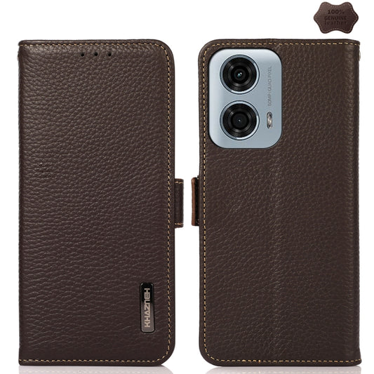 For Motorola Moto G24 KHAZNEH Side-Magnetic Litchi Genuine Leather RFID Phone Case(Brown) - Motorola Cases by buy2fix | Online Shopping UK | buy2fix