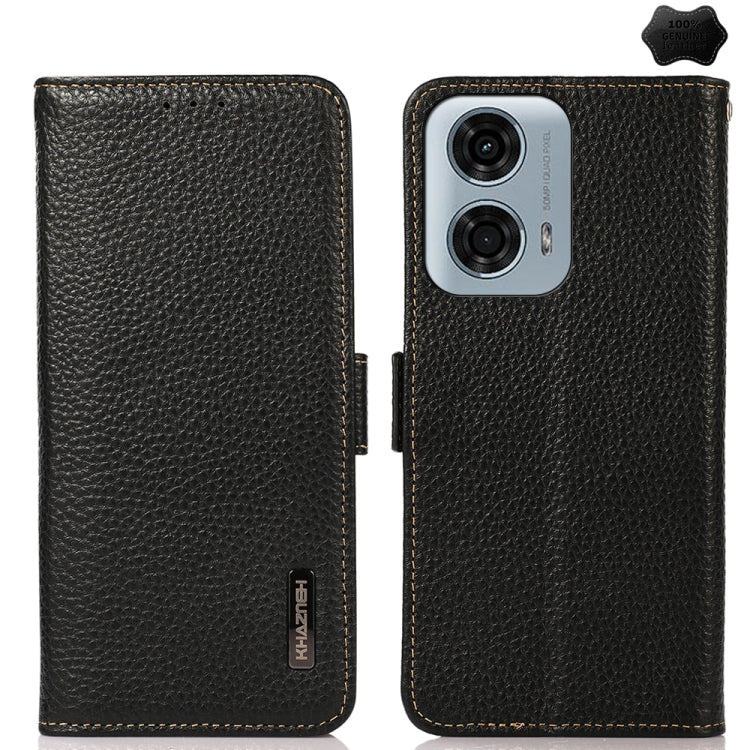 For Motorola Moto G34 KHAZNEH Side-Magnetic Litchi Genuine Leather RFID Phone Case(Black) - Motorola Cases by buy2fix | Online Shopping UK | buy2fix
