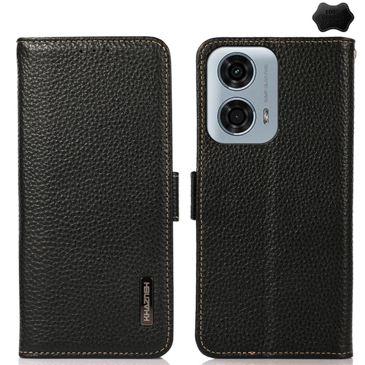For Motorola Moto G34 KHAZNEH Side-Magnetic Litchi Genuine Leather RFID Phone Case(Black) - Motorola Cases by buy2fix | Online Shopping UK | buy2fix