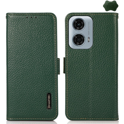 For Motorola Moto G34 KHAZNEH Side-Magnetic Litchi Genuine Leather RFID Phone Case(Green) - Motorola Cases by buy2fix | Online Shopping UK | buy2fix